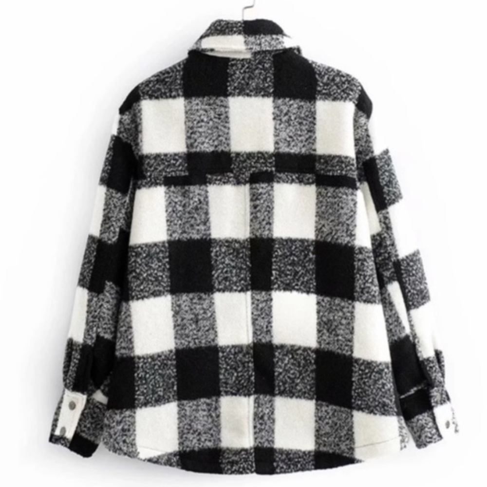 Boyfriend Fit Plaid Jacket Coat Black White - Picture 4 of 16